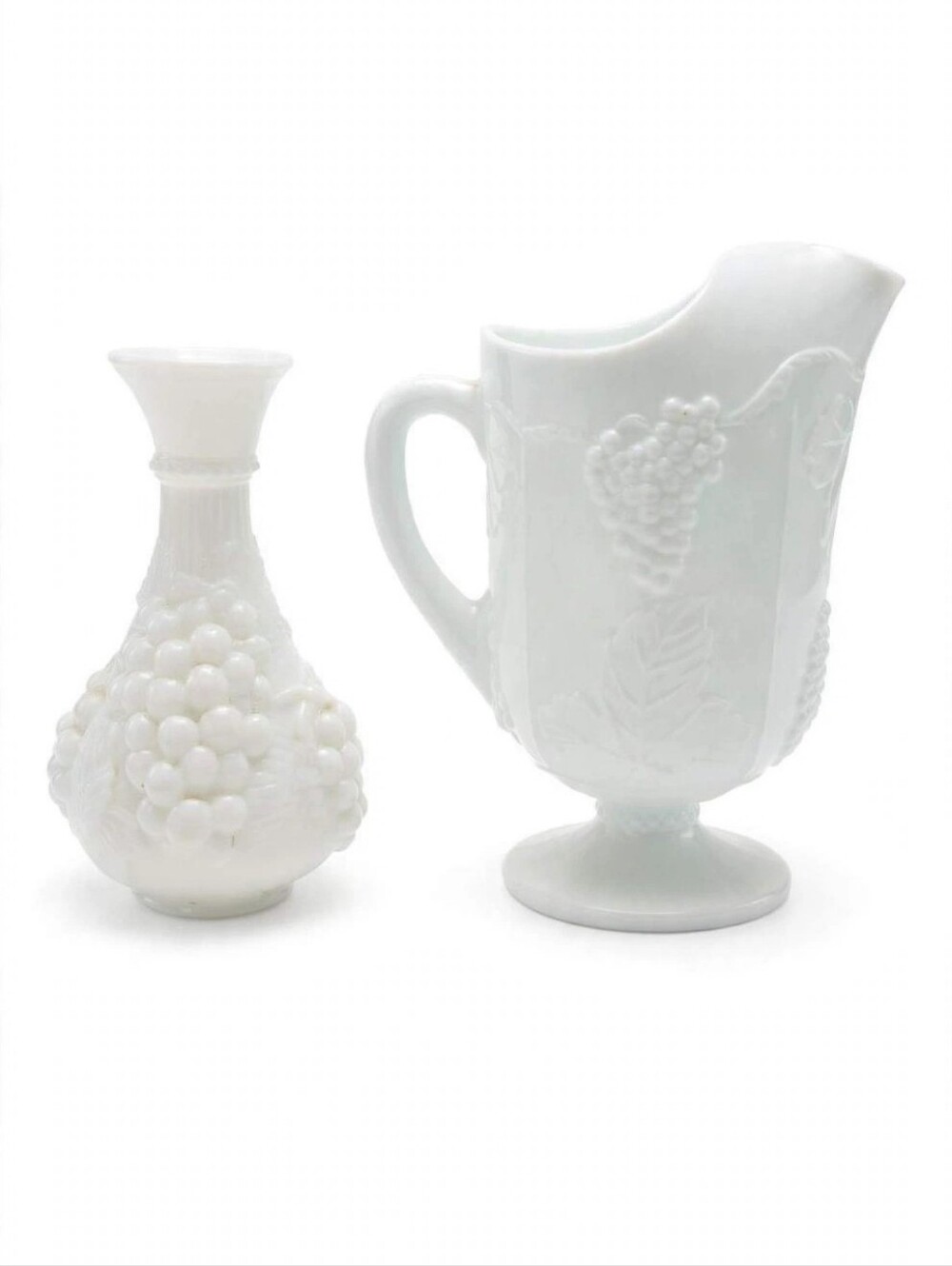 Vintage Indiana Glass Harvest Grape White Milk Glass Pitcher & Vase Set 1970s